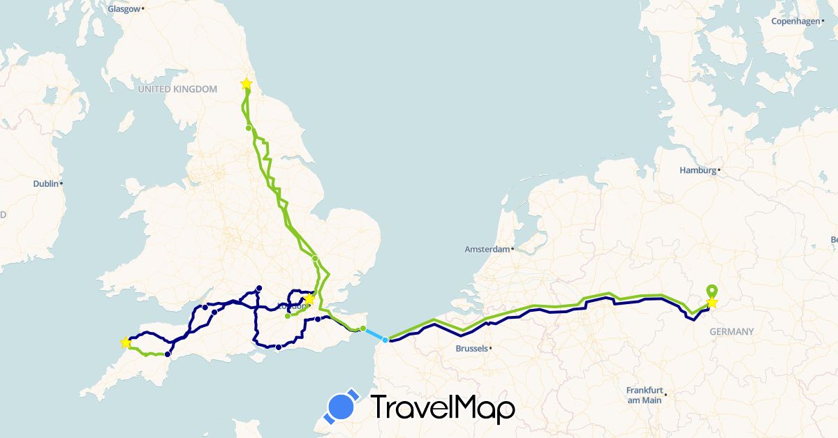 TravelMap itinerary: driving, boat, electric vehicle in Germany, France, United Kingdom (Europe)